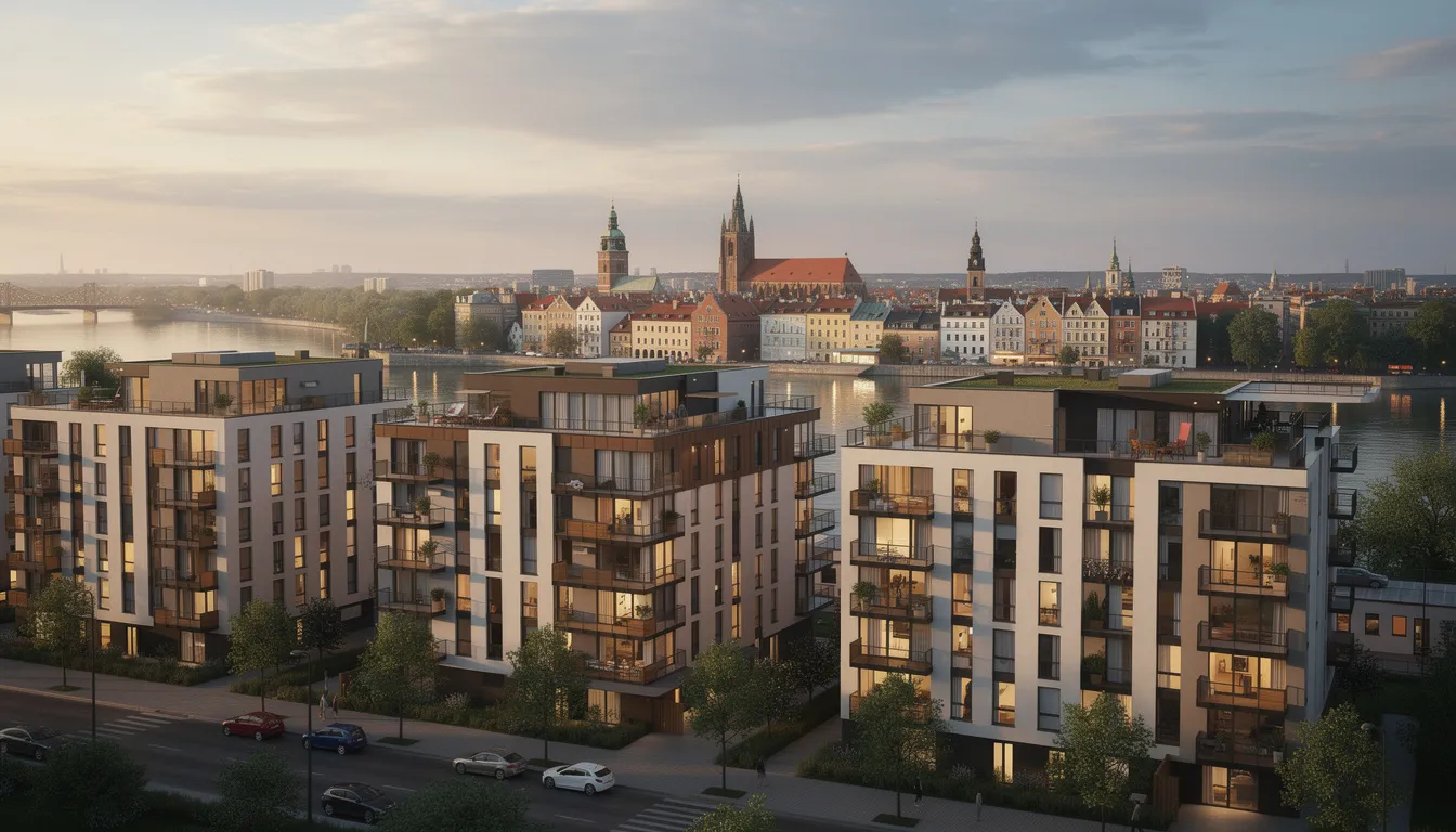 Panorama Warszawy ukazuje nowoczesne apartamentowce w połączeniu z historyczną zabudową, co tworzy unikalny krajobraz stolicy Polski. W tle widać różnorodność dzielnic, co odzwierciedla dynamiczny rynek nieruchomości w Warszawie, idealny dla osób szukających wynajmu mieszkań.