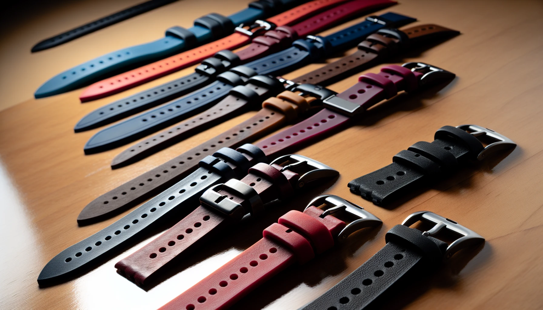 Various rubber watch straps displayed on a surface
