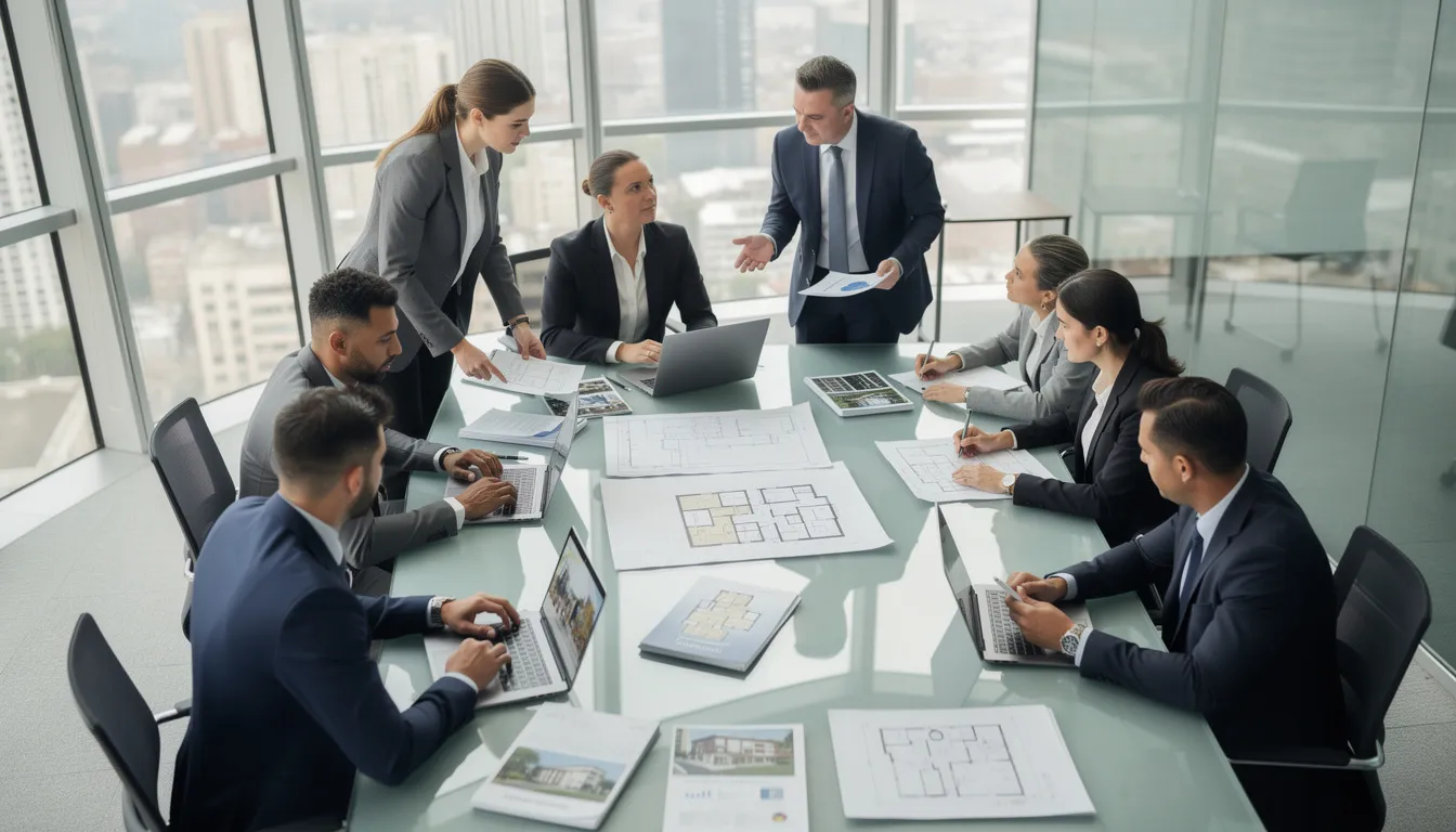 A group of real estate agents collaborates around a conference table, with laptops and documents spread out, discussing essential tasks related to client communication and transaction management. The team members are engaged in effective delegation strategies to streamline their real estate business operations and enhance client satisfaction.