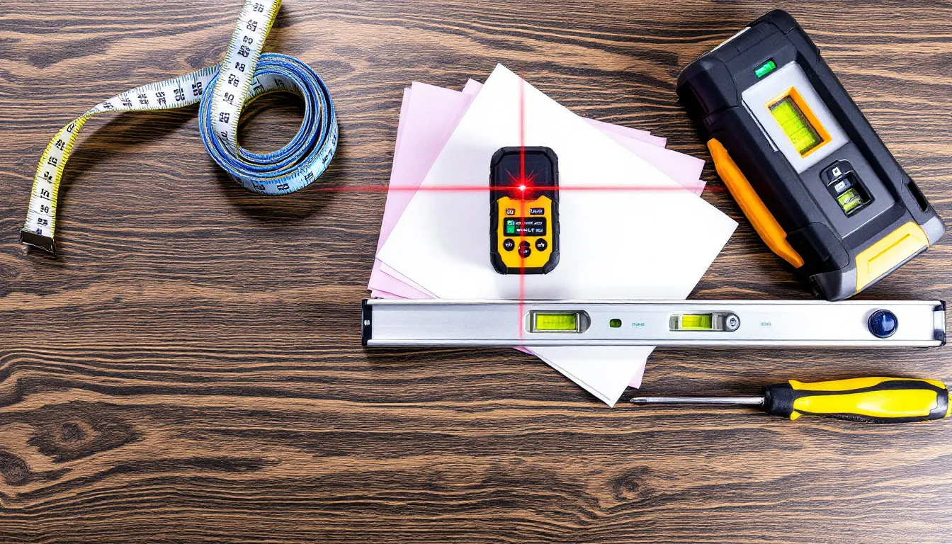 Op de werkbank liggen verschillende meetinstrumenten, waaronder een rolmaat, een laserafstandsmeter en een waterpas, die samen helpen bij het nauwkeurig inmeten van kunststof kozijnen. Deze tools zijn essentieel voor het bepalen van de juiste maatvoering en het controleren van eventuele maatverschillen bij het plaatsen van kozijnen.
