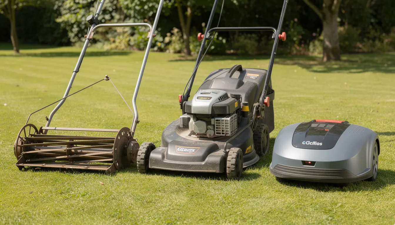 The image showcases a variety of lawn mowers, including a cylinder mower, rotary mower, and robotic mower, all arranged neatly on a patch of grass. Each mower features distinct designs and mower blades, highlighting the diverse options available for lawn care in outdoor spaces.