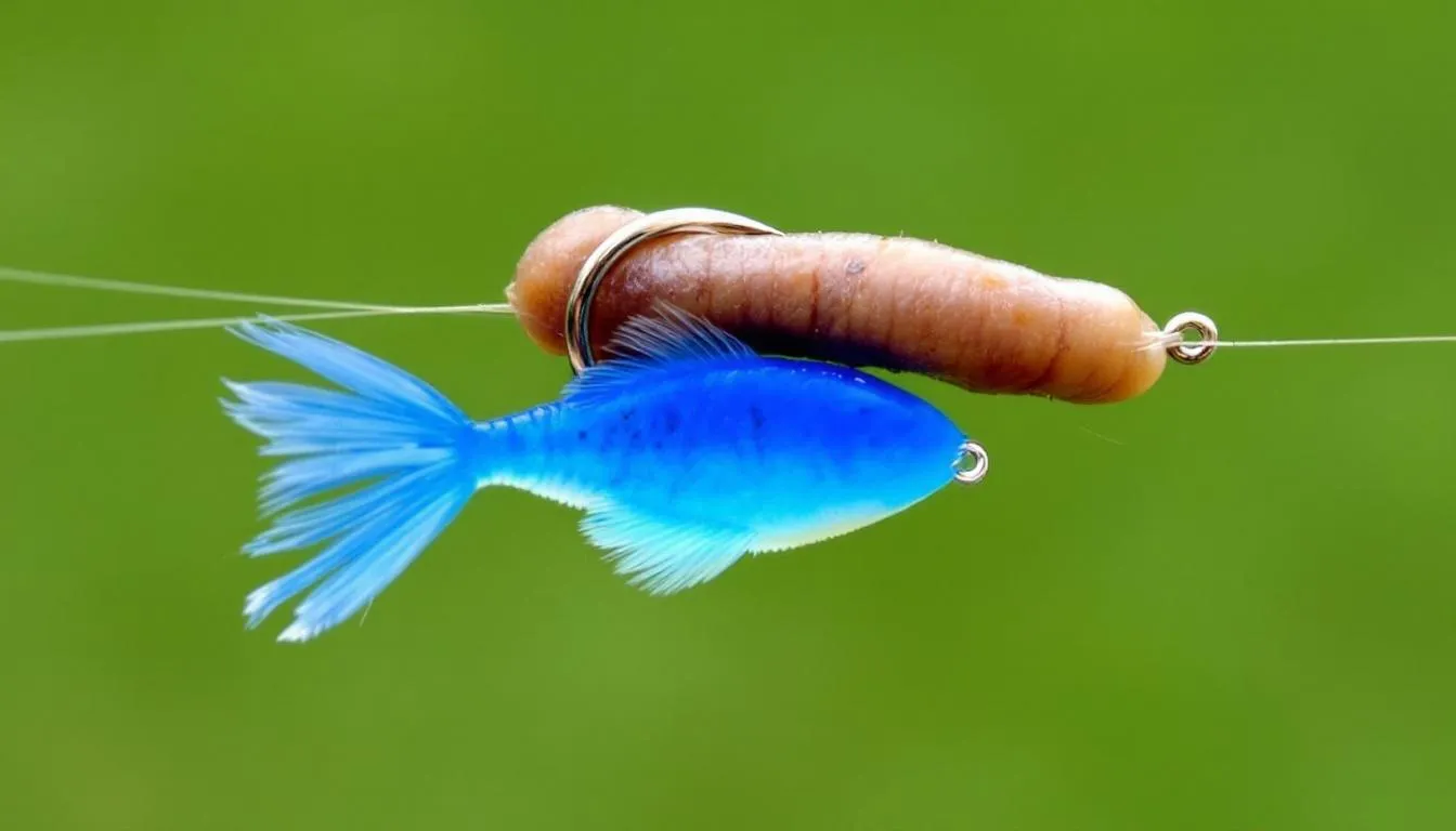 Na zdjęciu znajduje się haczyk z kombinacją naturalnej i sztucznej przynęty, idealnej do łowienia lina. Widać na nim czerwone i białe robaki, które są jednymi z najlepszych przynęt do skutecznego złowienia tej ryby w polskich wodach.