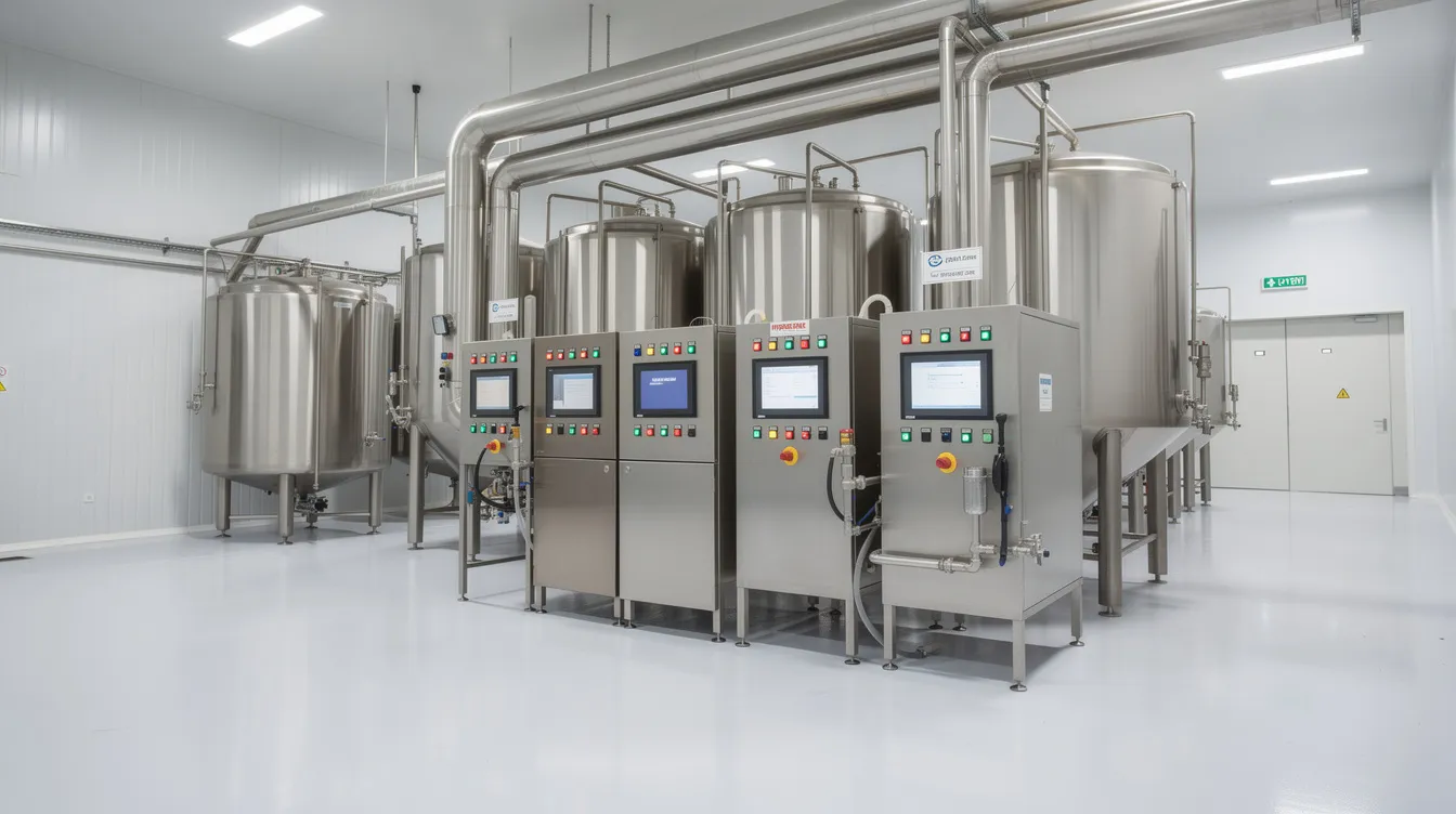 8d337a35 283f 4b6b 9bde 66503c5aab50 The image depicts a modern stainless steel dairy production line within a clean factory, featuring intricate pipes, large tanks, and advanced control panels. This setup is essential for the efficient manufacturing of dairy products like milk powder and dairy whiteners, showcasing the sophisticated processes involved in the milk powder production industry.