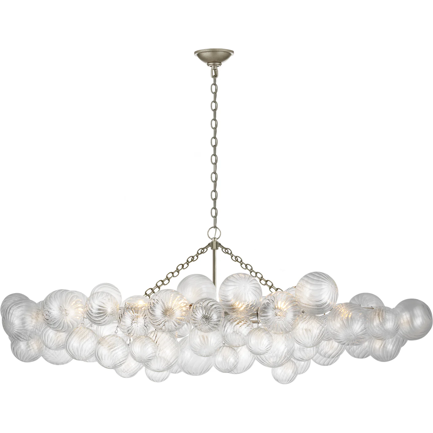 Visual Comfort Talia Large Linear Chandelier with clear swirled glass globes and burnished silver leaf finish for elegant dining and living spaces.
