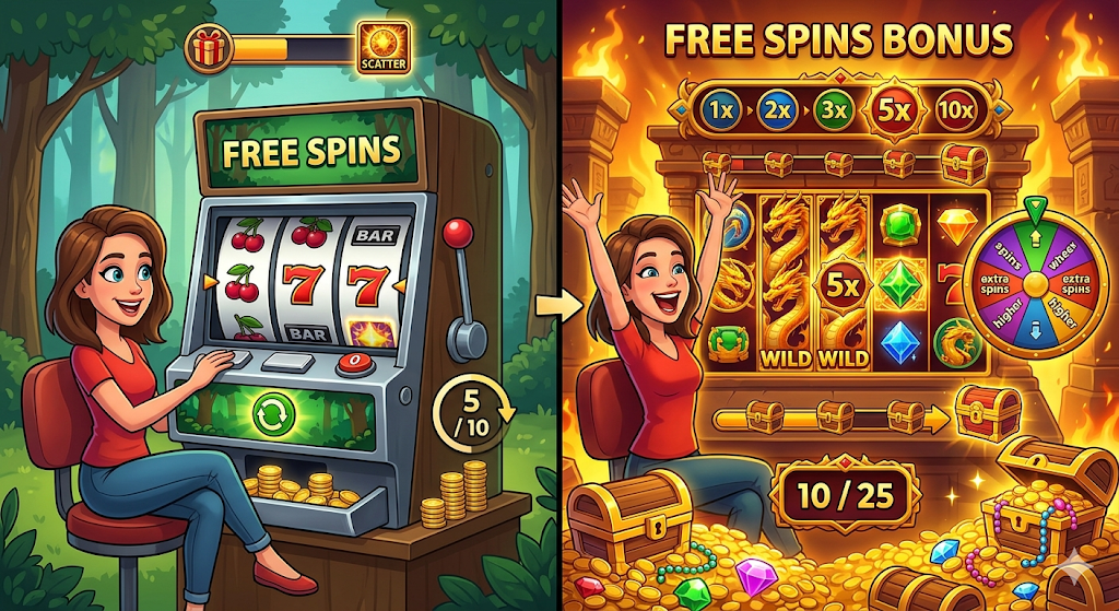 Freespins på slot – illustration av spelare som använder freespins och freespins bonus med gratissnurr och vinster på casino slots