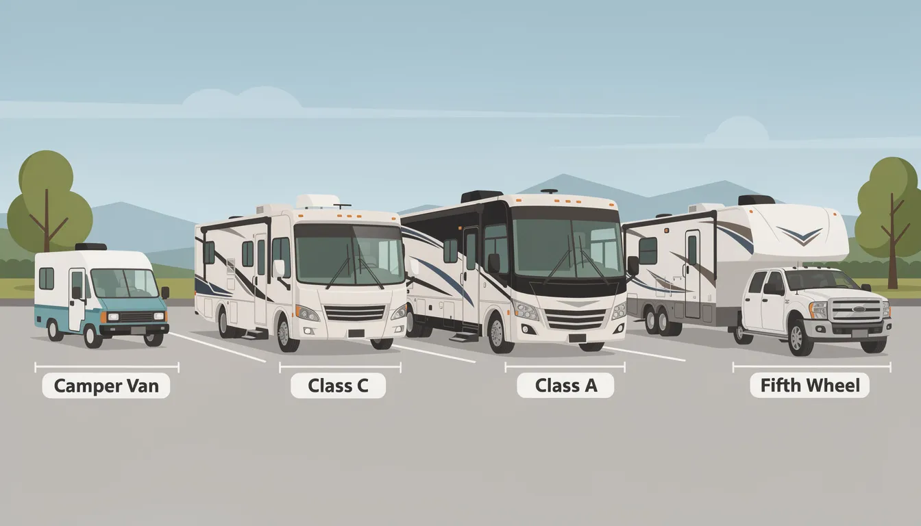 The image illustrates various RV sizes, including class A motorhomes, class C models, and towable RVs like travel trailers and fifth wheels, showcasing their ample space and sleeping arrangements for different types of travelers. It highlights the diversity in RV types, accommodating everything from solo travelers to families, with features such as multiple slide outs and separate sleeping areas for enhanced comfort.
