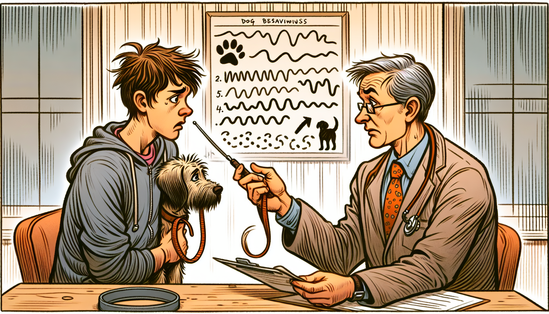 Illustration of a concerned owner consulting a veterinarian or trainer
