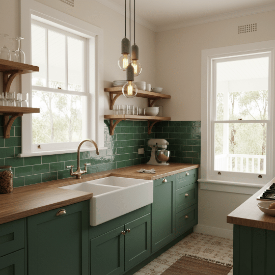 Vintage pendant light fixtures providing task lighting over kitchen sink.