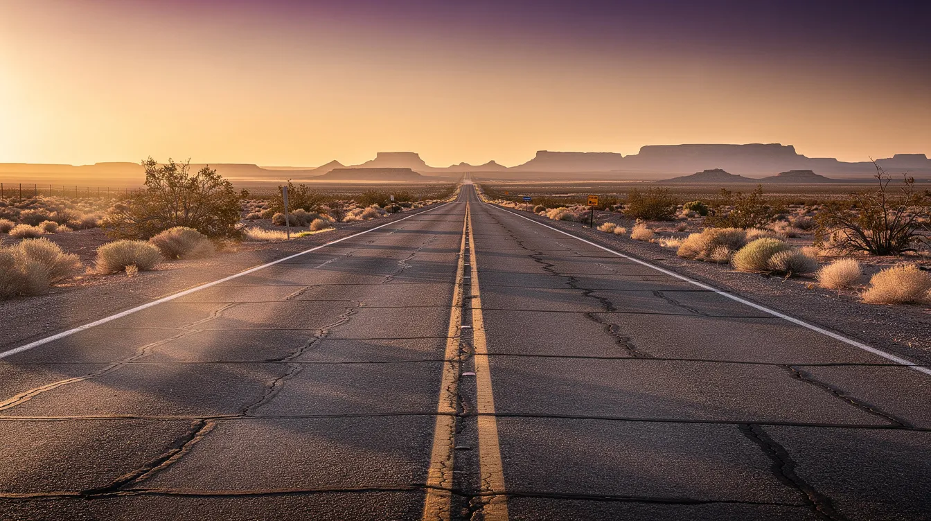 The image depicts a long, straight highway winding through the New Mexico desert, bathed in the warm hues of a sunset. This serene landscape symbolizes the journey of injury victims seeking fair compensation and justice through personal injury claims in New Mexico.