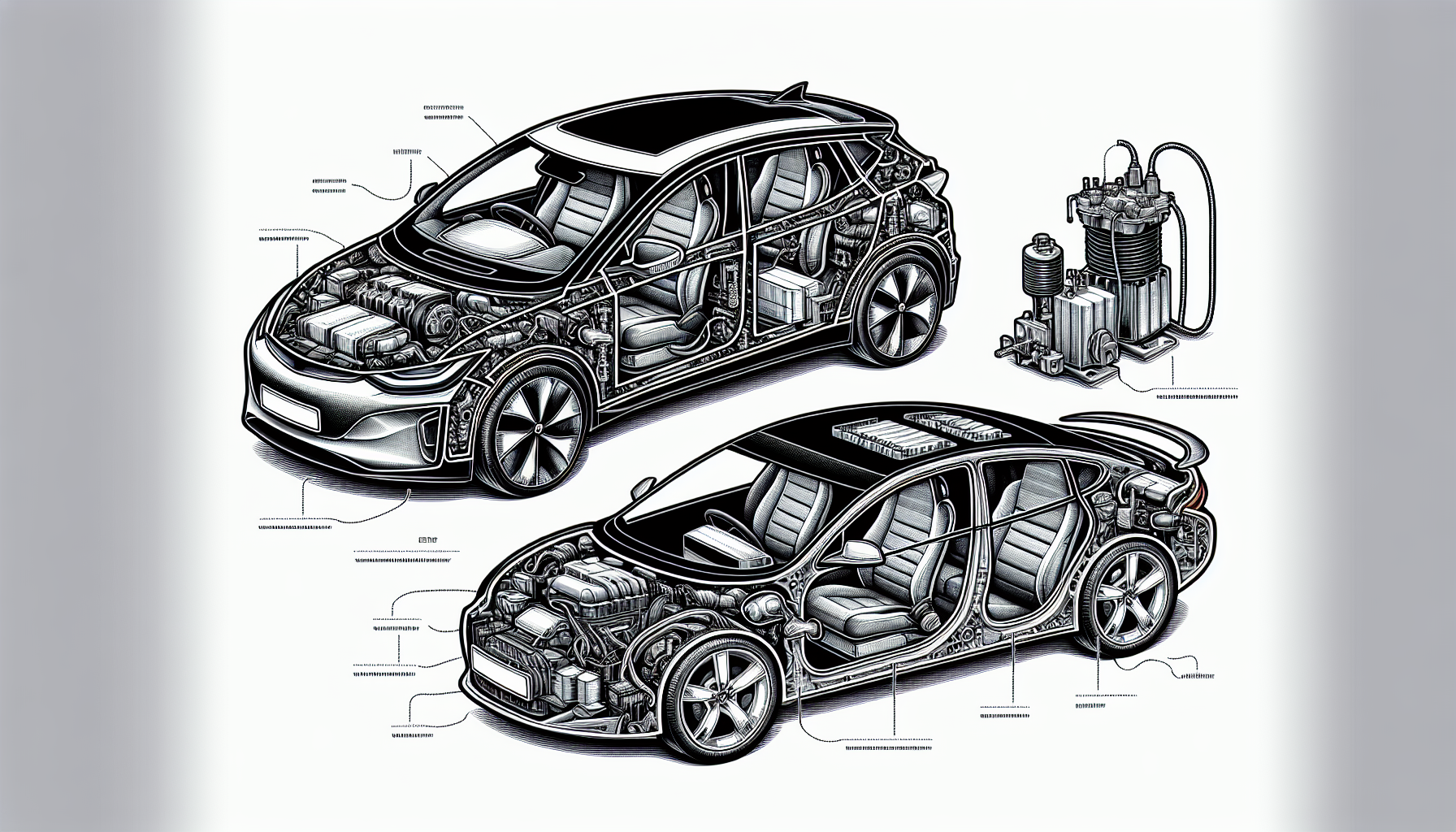 Illustration of different vehicle types - electric, hybrid, and internal combustion engine vehicles