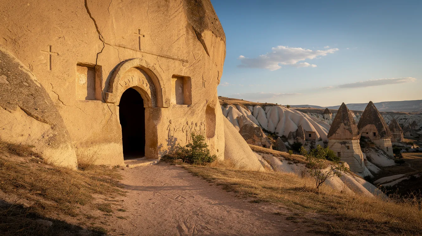Iglesia rupestre excavada en roca volcánica, ubicada en el Parque Nacional de Göreme, con una entrada natural que invita a explorar sus antiguas formaciones. Este lugar, parte del patrimonio de la humanidad en Capadocia, destaca por su paisaje único y las chimeneas de hadas que lo rodean.