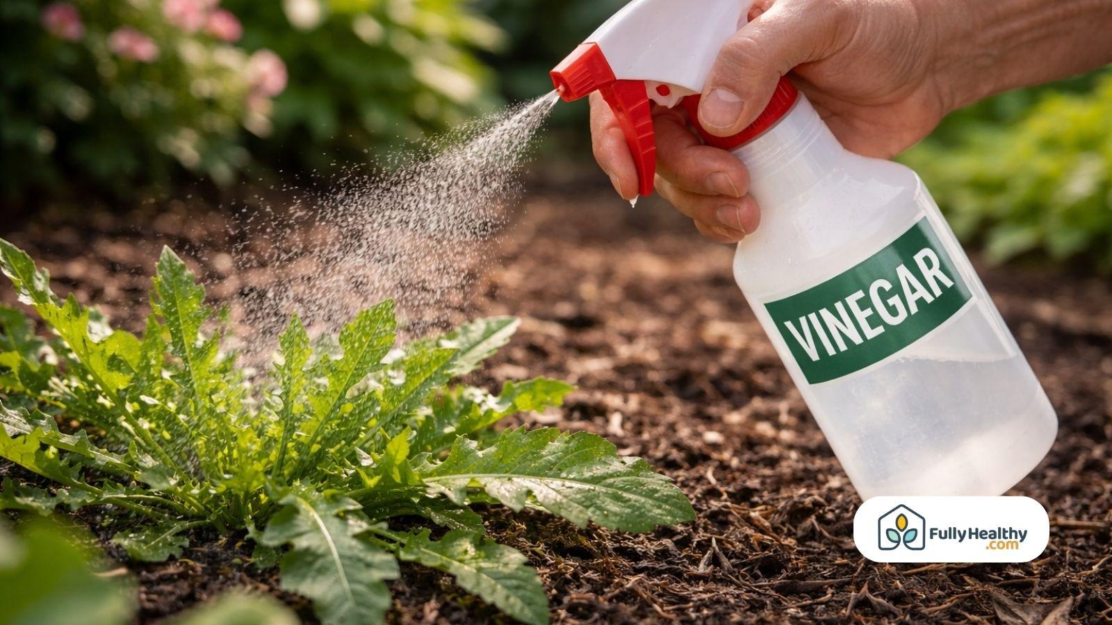 Hand spraying vinegar on green weeds in garden soil close up