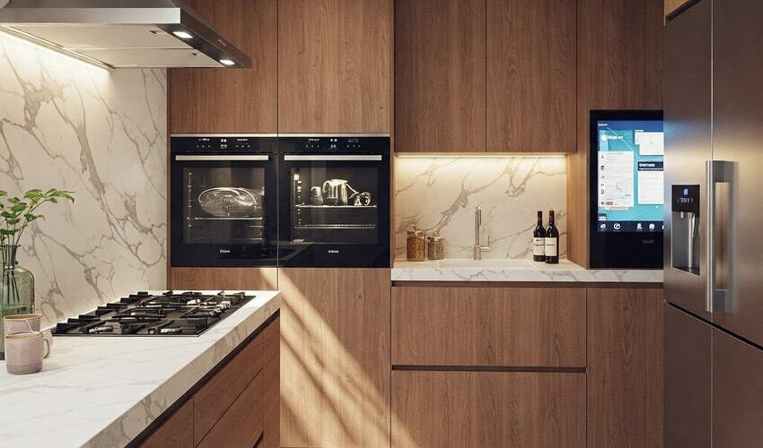 Modern smart kitchen in Pune with voice-controlled appliances, touchscreen fridge, and sleek design.