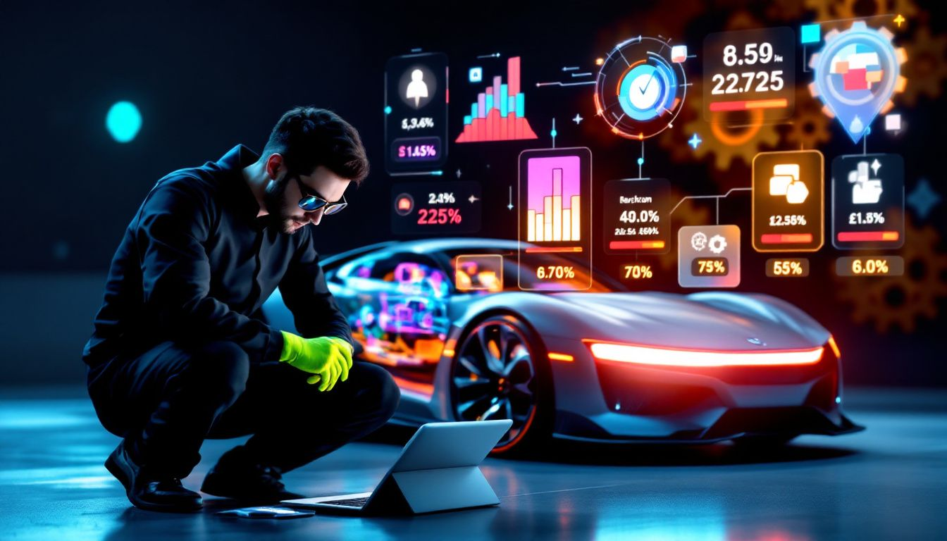 A mechanic working on a car with diagnostic tools.