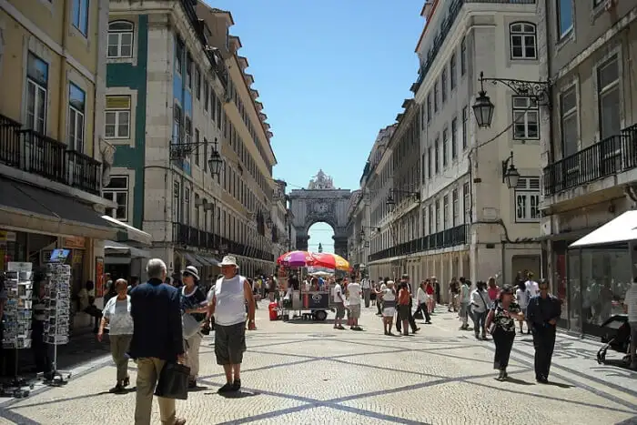 A view of Lisbon's expensive stores with people browsing the stores