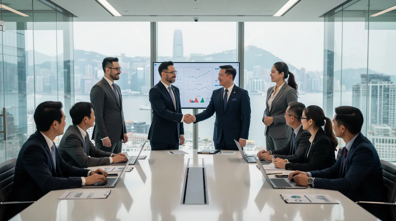 The image depicts a modern business meeting in a Hong Kong office, where two parties are shaking hands across a sleek conference table, symbolizing a successful collaboration or agreement, possibly related to 中小企業貸款 or financing options. The setting reflects a professional atmosphere, emphasizing the importance of partnerships in securing business loans or financial support.