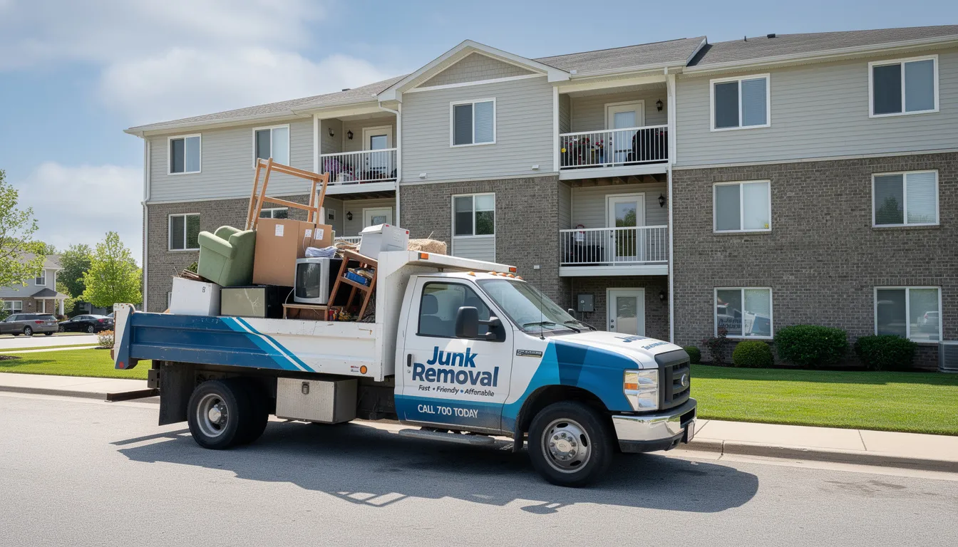 A professional junk removal truck is parked outside a multi-family rental building on a sunny day, showcasing a reliable service for property managers and landlords. The truck is ready to assist with the cleanout process, ensuring proper disposal of unwanted items and minimizing environmental impact.