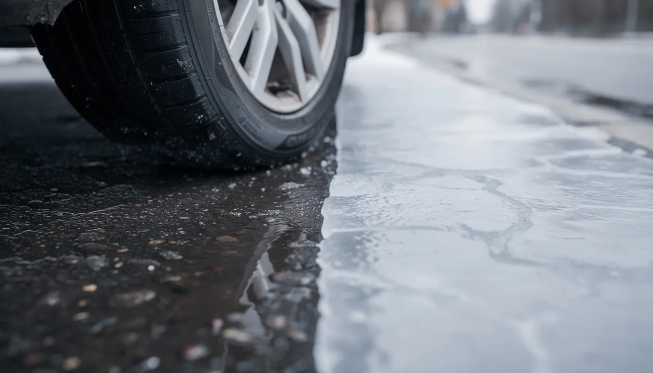 The image depicts a car wheel positioned on a road surface, highlighting the stark contrast between a wet pavement and a thin patch of ice, which represents icy conditions that can occur during cold weather. This visual serves as a reminder of the importance of maintaining tire traction and adjusting driving behavior to ensure safety on slippery roads.