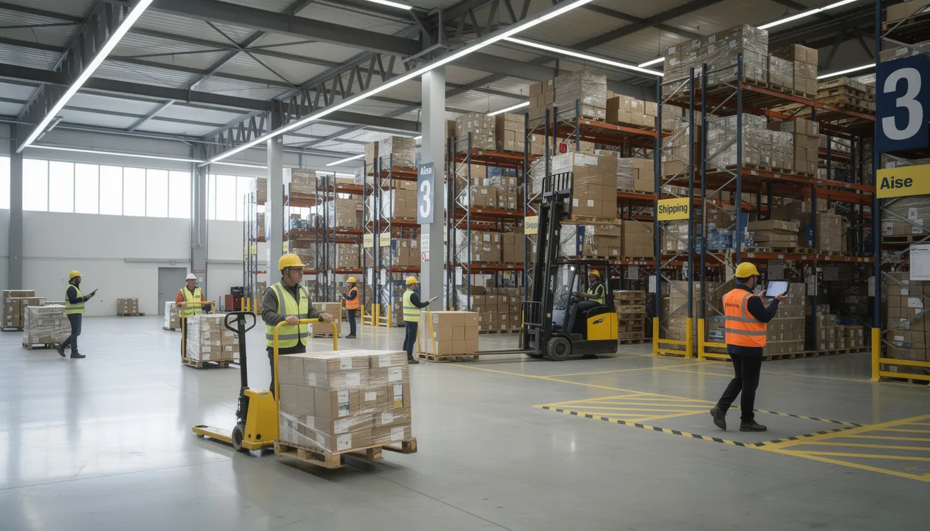The image depicts a modern warehouse interior bustling with activity, where workers are efficiently moving pallets and packages. This dynamic environment highlights the importance of tracking technology, such as GPS trackers and Bluetooth tracking devices, in managing high-value assets and ensuring accurate location data during logistics operations.