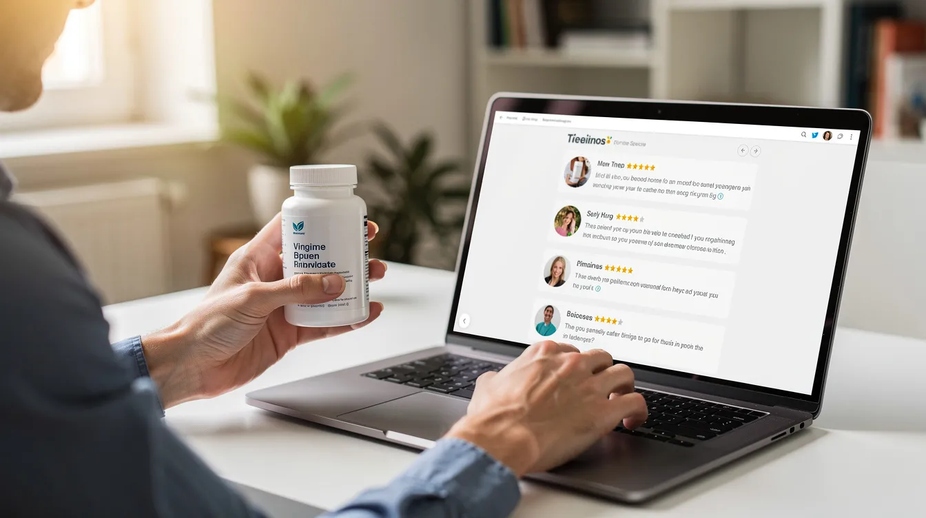 A person is sitting at a desk, holding a bottle of mushroom supplements while reading reviews on a laptop. The scene reflects a focus on health, particularly the benefits of functional mushrooms like reishi and lion's mane for immune support and cognitive clarity.