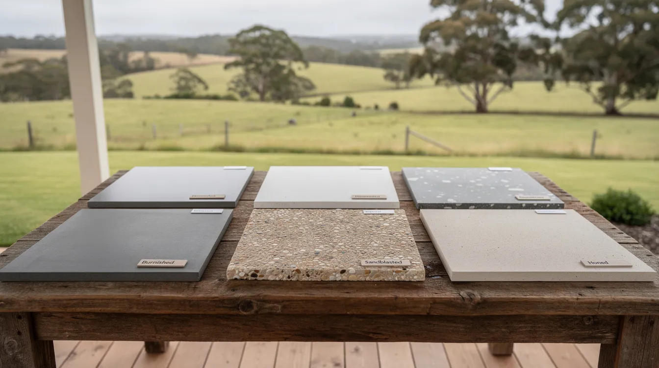 The image showcases a variety of premium concrete finishes ideal for rural properties in Tonimbuk, highlighting options for concrete resurfacing and sealing. Each finish reflects expert craftsmanship and durability, perfect for enhancing driveways and outdoor spaces with low maintenance solutions.