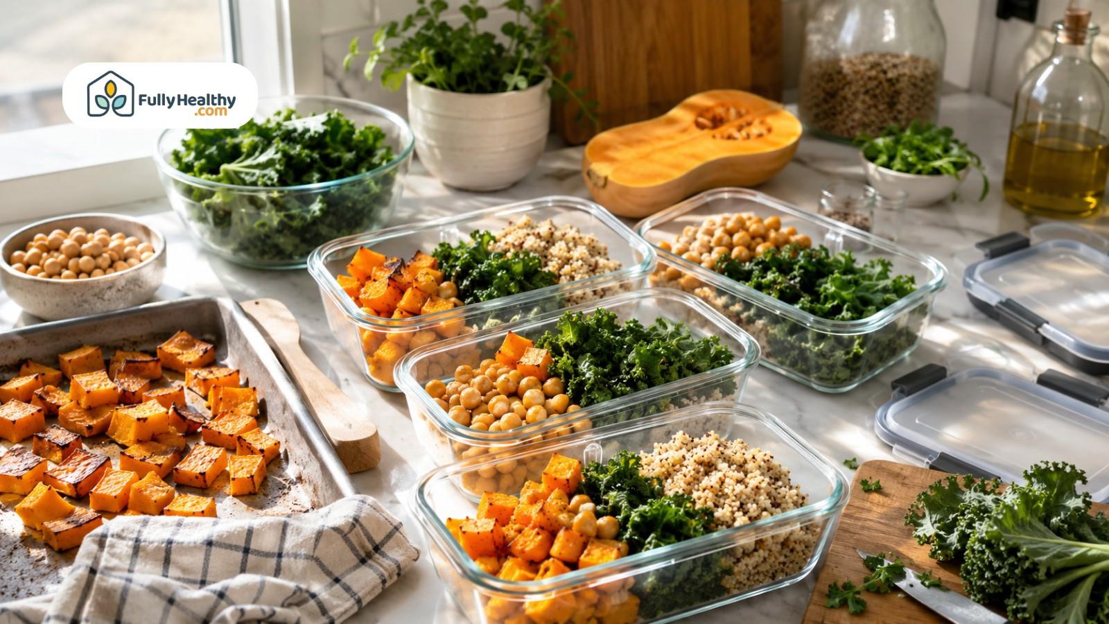 Meal prep containers filled with roasted squash chickpeas kale and quinoa