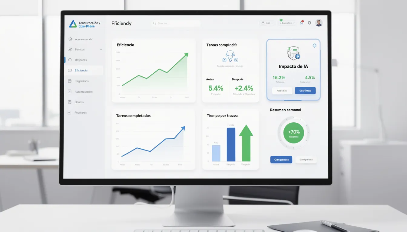 El dashboard muestra métricas de productividad que evidencian mejoras significativas tras la implementación de herramientas de inteligencia artificial (IA) en la gestión del tiempo y las tareas del equipo. Se visualizan gráficos que reflejan la automatización de procesos y la reducción de tiempos muertos en la agenda, lo que optimiza el flujo de trabajo y la eficiencia en la gestión de proyectos.