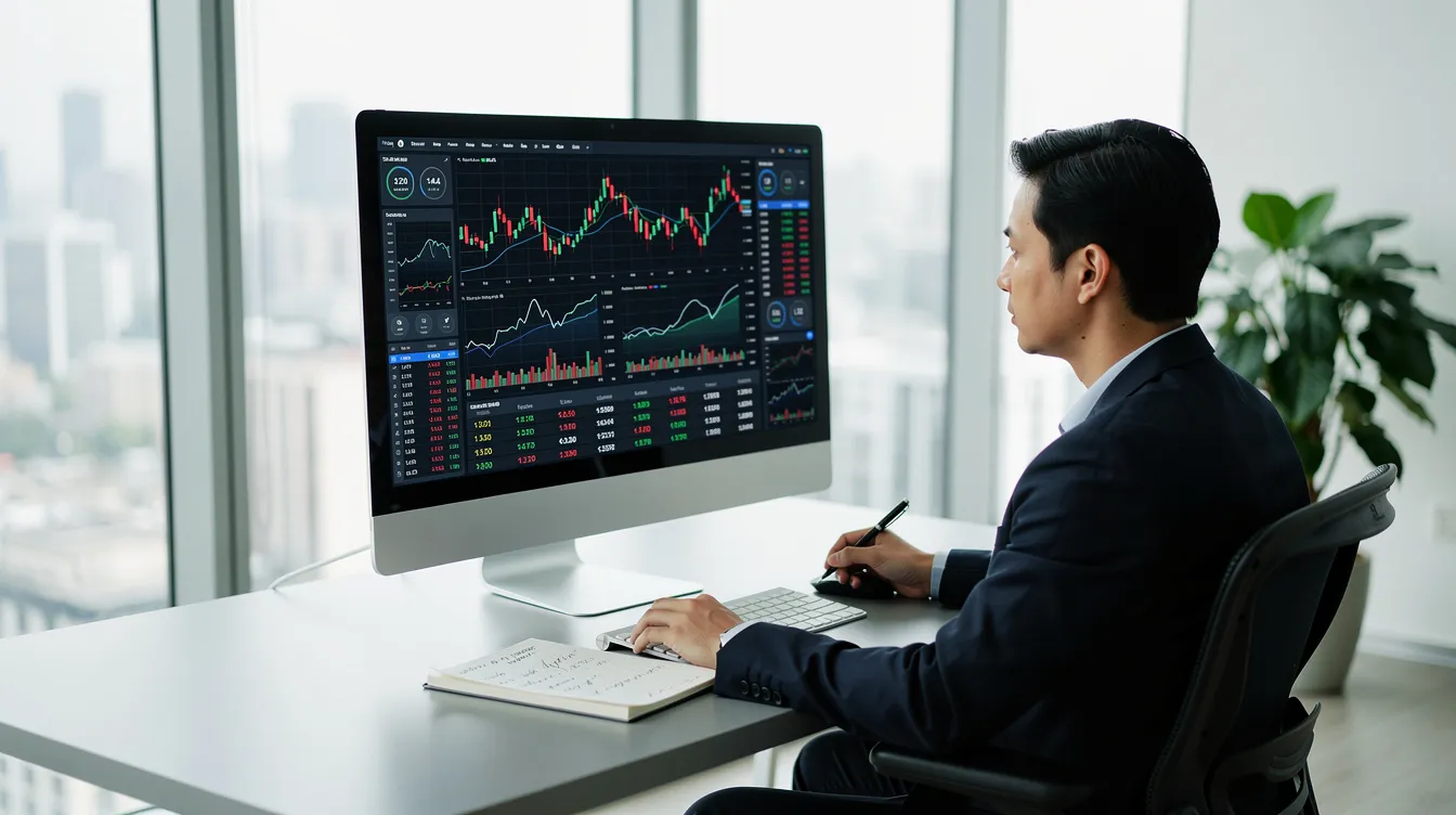 8d497bfd 6269 4274 b9c3 fc764383b564 Na obrazie widoczna jest osoba analizująca wykresy finansowe na monitorze komputera w nowoczesnym biurze. W tle znajdują się elementy wskazujące na działalność operacyjną, takie jak dokumenty i notatki dotyczące przychodów i kosztów finansowych.