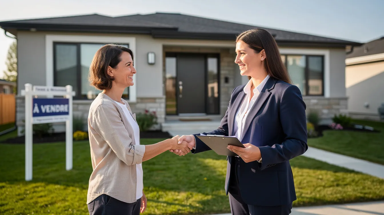 Une personne serre la main d'un agent immobilier devant une maison, symbolisant la confiance et les étapes de l'achat d'une propriété. En arrière-plan, on peut apercevoir un jardin bien entretenu, illustrant le rêve d'acquérir une maison.
