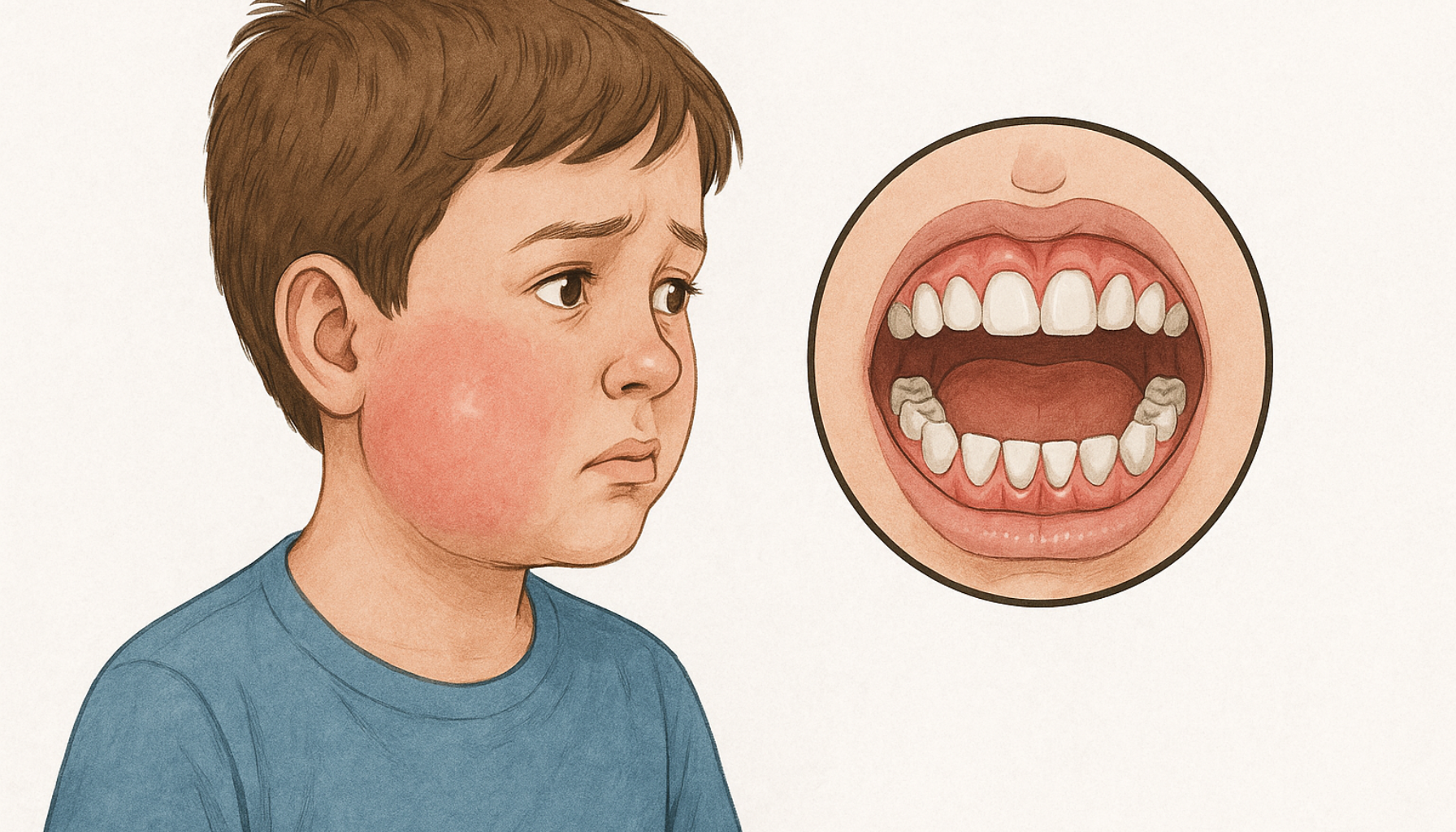 Barn med kusma og hovent kinn, ved siden av visning av tenner påvirket av sykdommen.