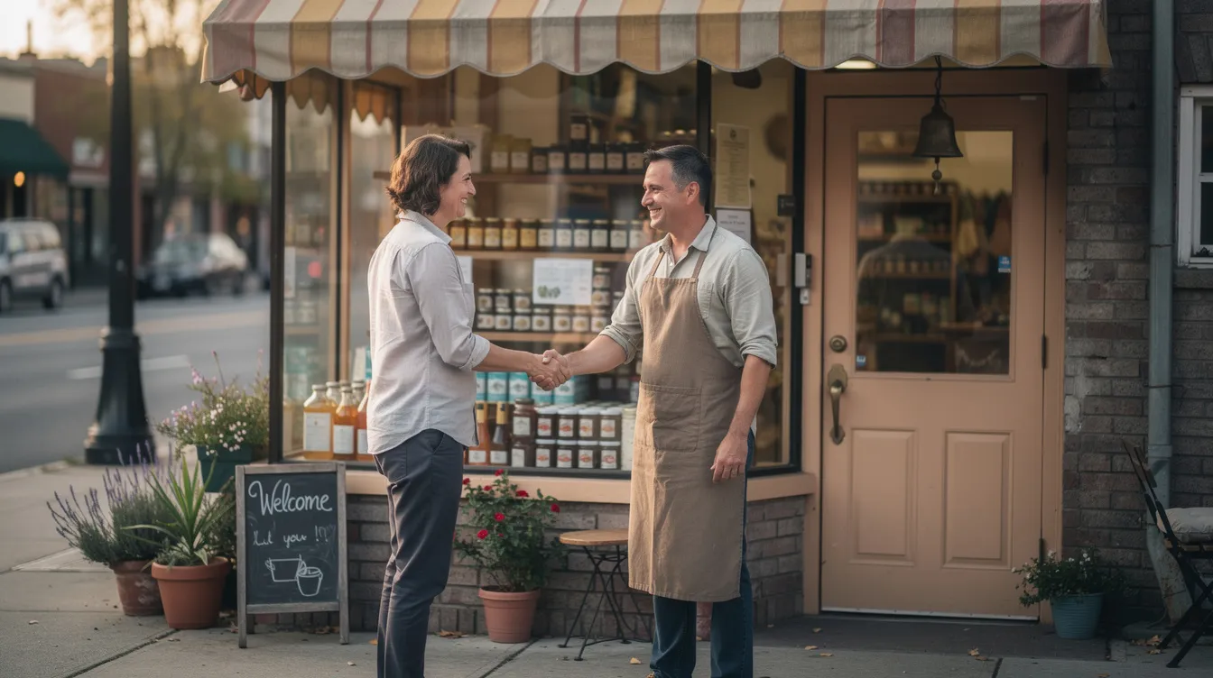 8d4bd2bc 0dd8 4baf 9562 3cd032d92591 The image shows a small shop owner shaking hands with another person in front of a retail store, symbolizing a successful business partnership. This interaction may reflect discussions about financial assistance options, such as mudra loans, which can help small enterprises expand their operations.