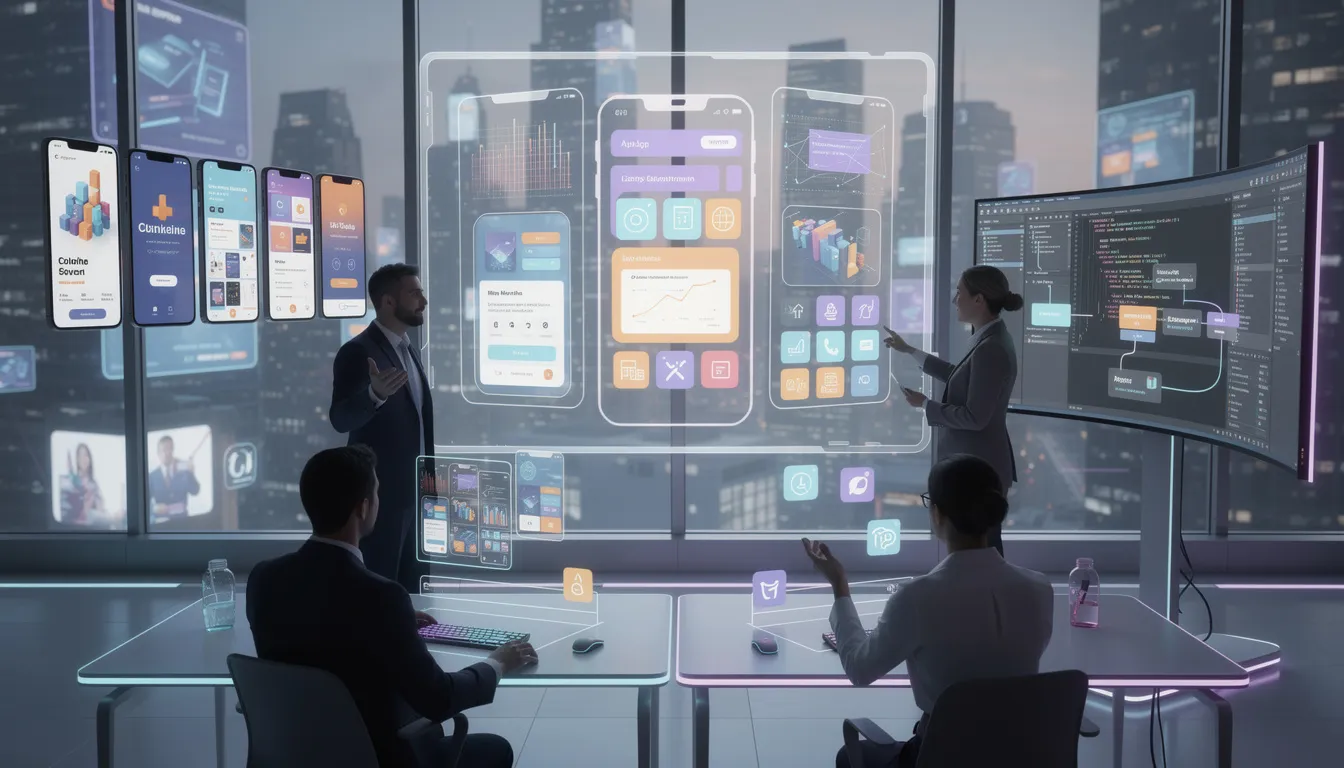 The image depicts a futuristic scene showcasing various user interfaces for mobile and web app development, featuring elements like drag and drop interfaces and AI-powered app builders. It illustrates the concept of building complex web apps and native mobile apps, emphasizing the ease of use offered by modern no code platforms.