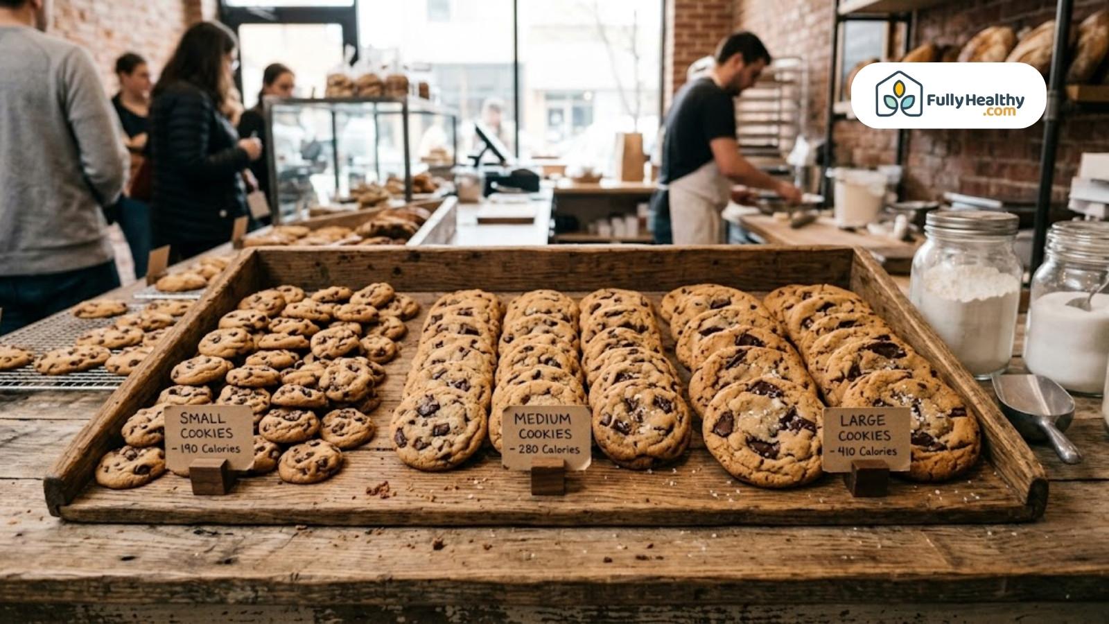 Bakery display showing small, medium, large chocolate chip cookies with calorie labels