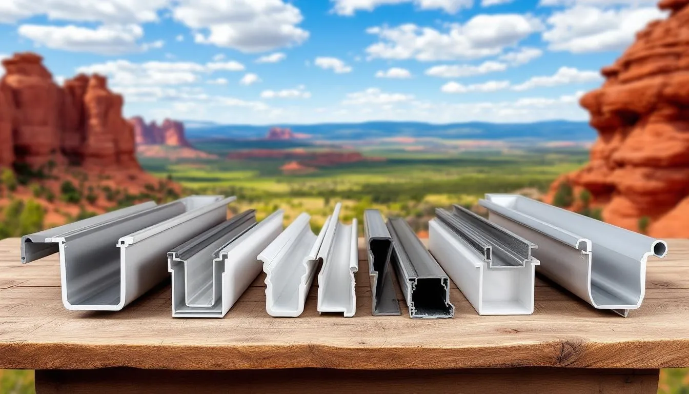 The image showcases various types of gutters, including copper, aluminum, and vinyl options, set against a scenic backdrop of Pueblo, Colorado. It emphasizes the importance of choosing the right gutter system for different budgets, highlighting features like gutter guards and downspout extensions to prevent debris buildup and water damage.