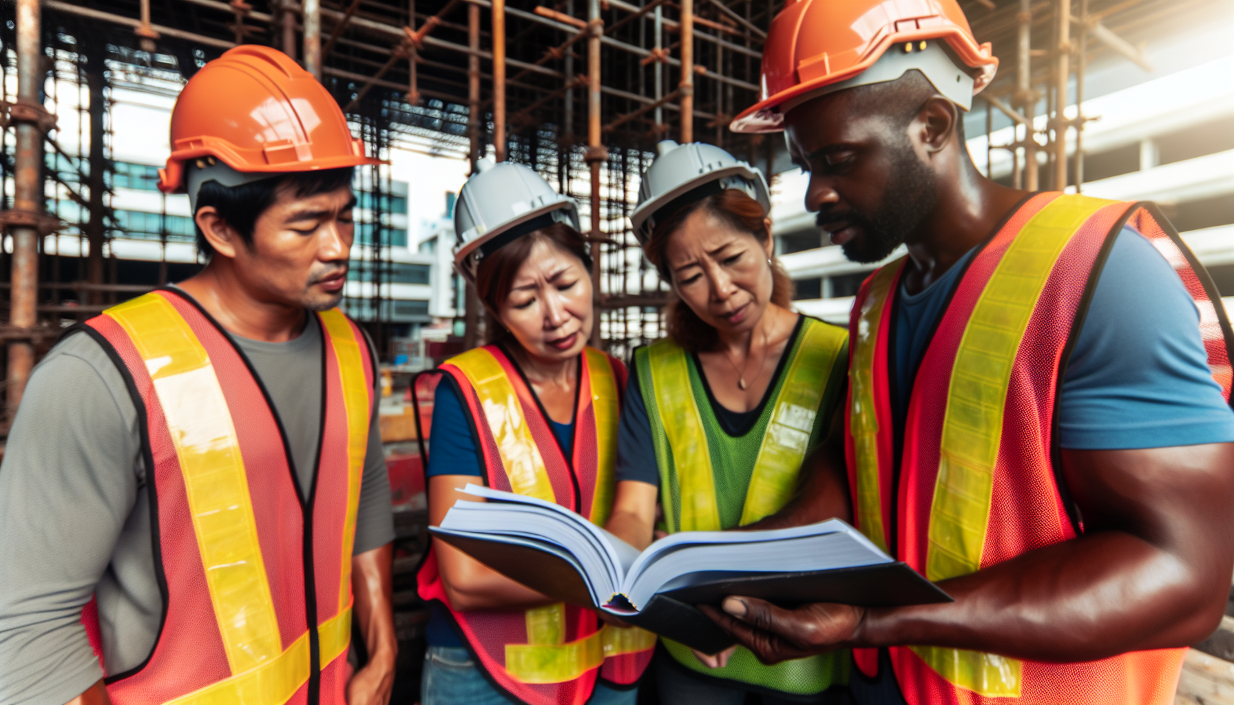 Construction workers reviewing employee handbook