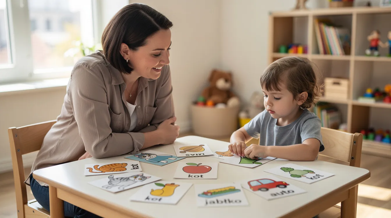 Na obrazku widoczna jest nauczycielka pracująca z małym dzieckiem przy stoliku, na którym rozłożone są kolorowe karty obrazkowe. Scena ilustruje działania wspierające indywidualne potrzeby rozwojowe ucznia w ramach pomocy psychologiczno-pedagogicznej.