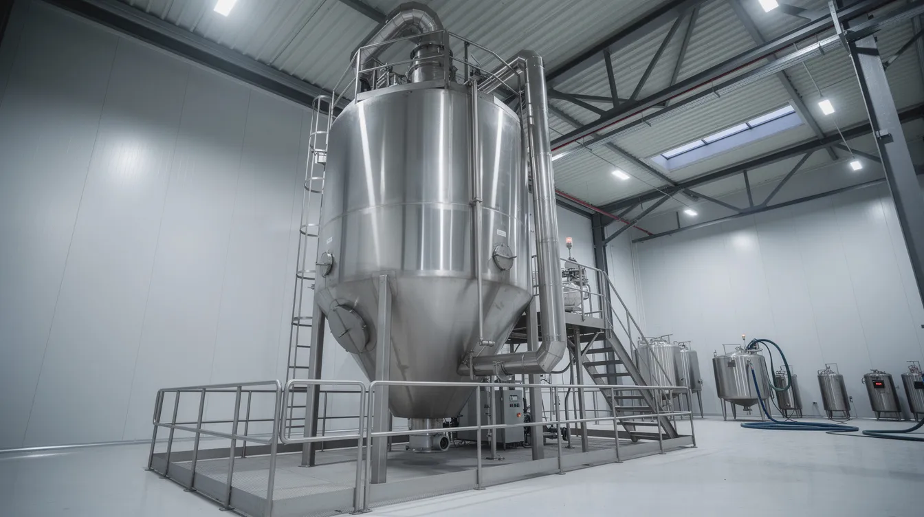 8d5b2167 baf1 45a8 8ca4 e2e6cb050344 The image depicts a large industrial spray dryer tower located within a dairy powder manufacturing facility, showcasing a stainless steel chamber used in the production of whey protein powder. This machinery is essential for transforming liquid whey into powdered form, playing a crucial role in the whey protein manufacturing process.