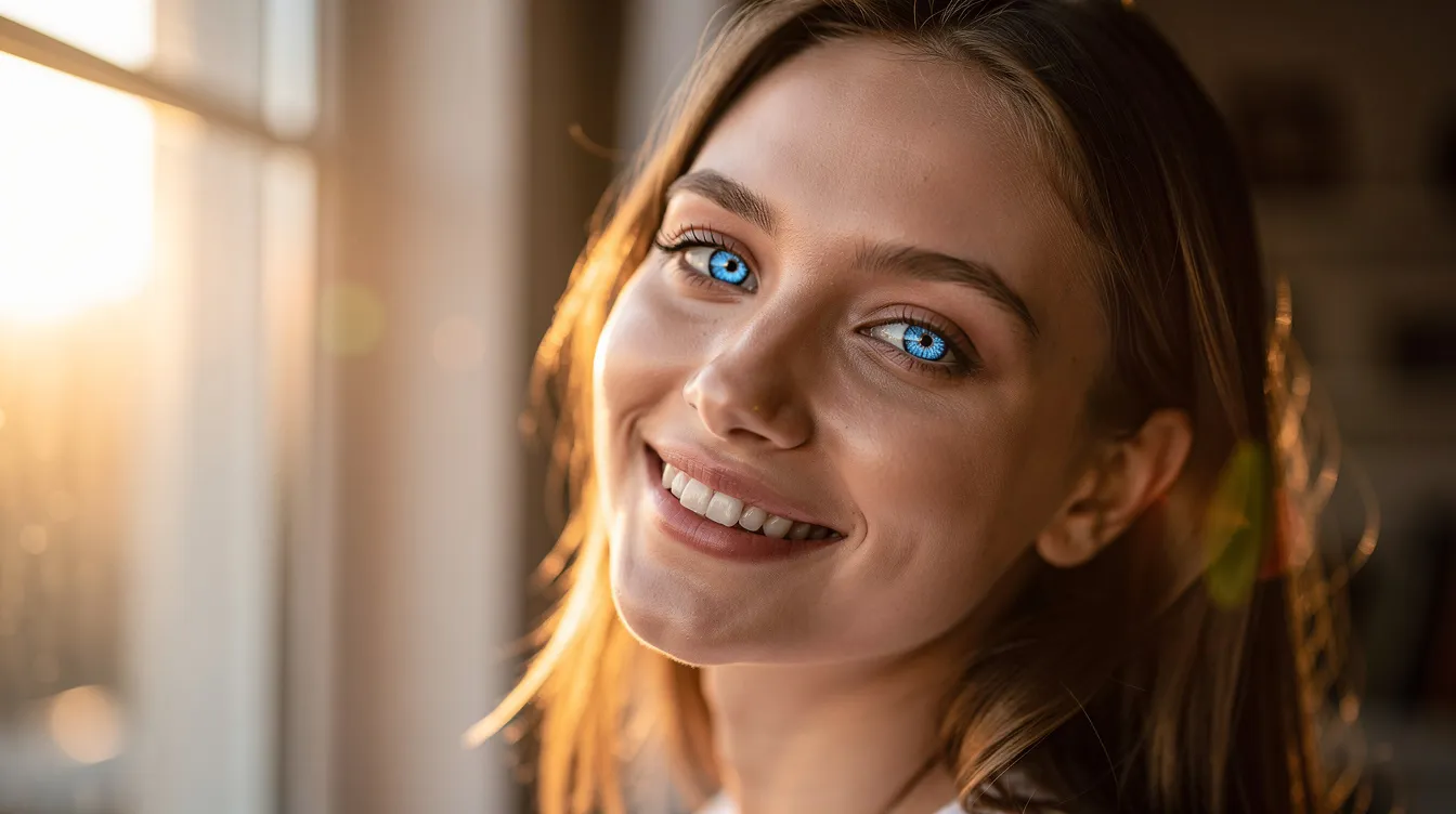 A young woman with bright blue eyes is smiling naturally in the warm golden hour sunlight near a window, radiating positive energy and a playful personality. This everyday moment captures her confident and lighthearted spirit, reminiscent of a typical Cali girl enjoying life.