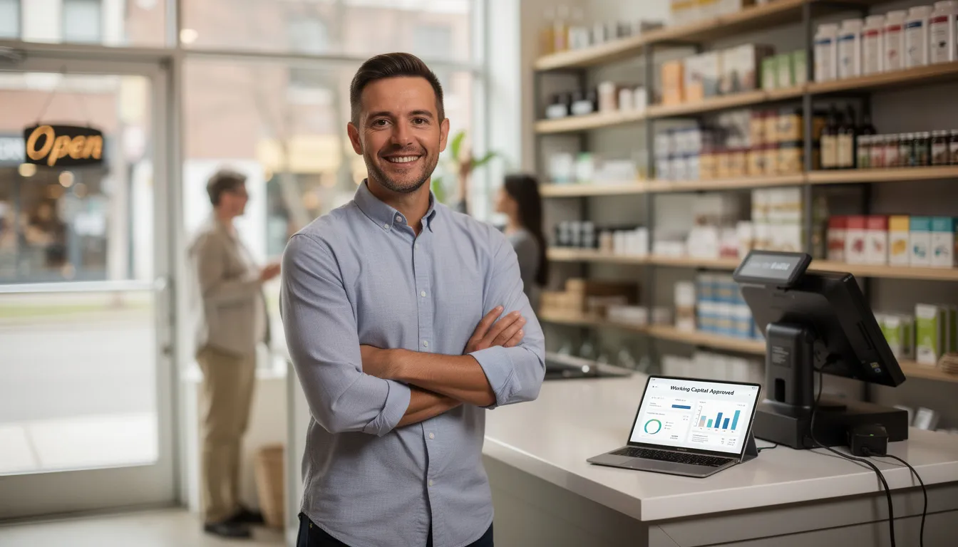A confident small business owner stands in their shop, reflecting success after receiving working capital funding today to address a short-term cash flow gap. This approval has allowed them to manage payroll and other expenses effectively, showcasing the professionalism and reliability of express capital funding solutions.