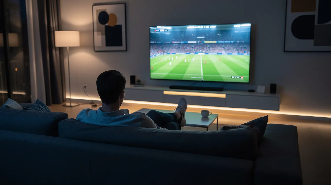 A person is comfortably seated in a dimly lit modern living room, enjoying live sports on a large screen smart TV, showcasing vibrant picture quality. The scene captures the essence of a cozy viewing experience, perfect for UK viewers who appreciate IPTV services and live television events.