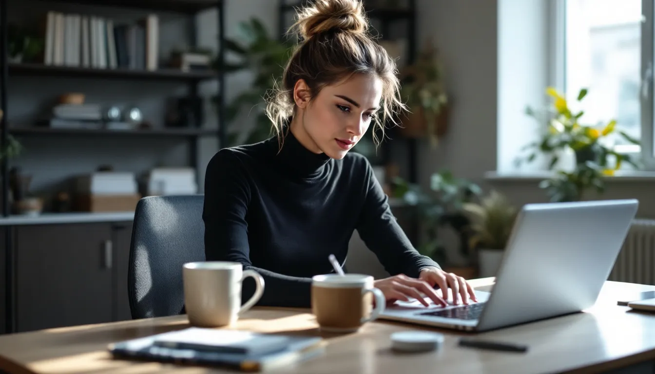 A person is sitting at a desk, working on a laptop while simultaneously monitoring data usage on their phone , which displays information about their mobile hotspot feature and unlimited data plan. The scene captures the importance of managing data usage effectively, especially when utilizing high-speed mobile data for internet access.