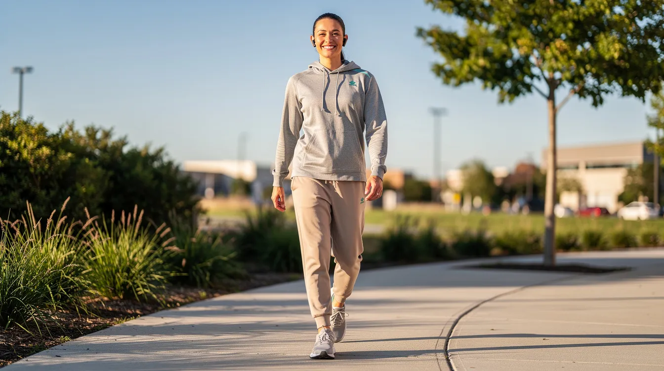 A person is walking comfortably outdoors in casual athleisure clothing on a sunny day, exuding a relaxed and confident demeanor. This scene captures the essence of maintaining a healthy lifestyle, which can be complemented by non-surgical cosmetic procedures like the liquid BBL treatment, known for enhancing body shape with minimal downtime.