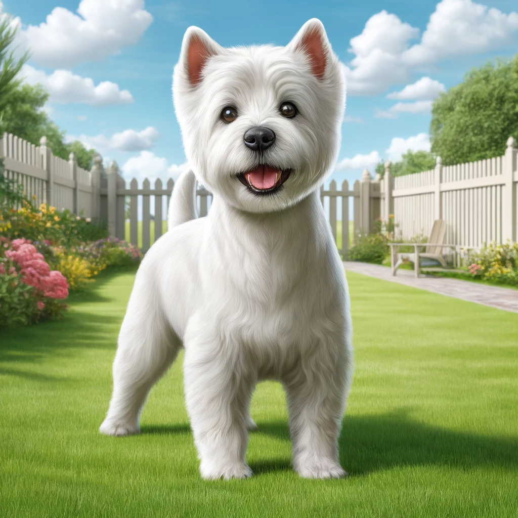 An AI image of a West Highland Terrier in a fenced backyard