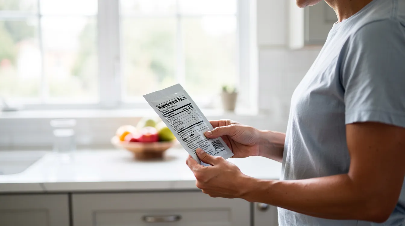 A person is standing in a bright kitchen, intently reading the back label of a supplement package, which likely contains essential vitamins and nutrients for overall health. The package may include information about health benefits such as gut health and energy levels, highlighting the product's sugar-free option and delicious taste.