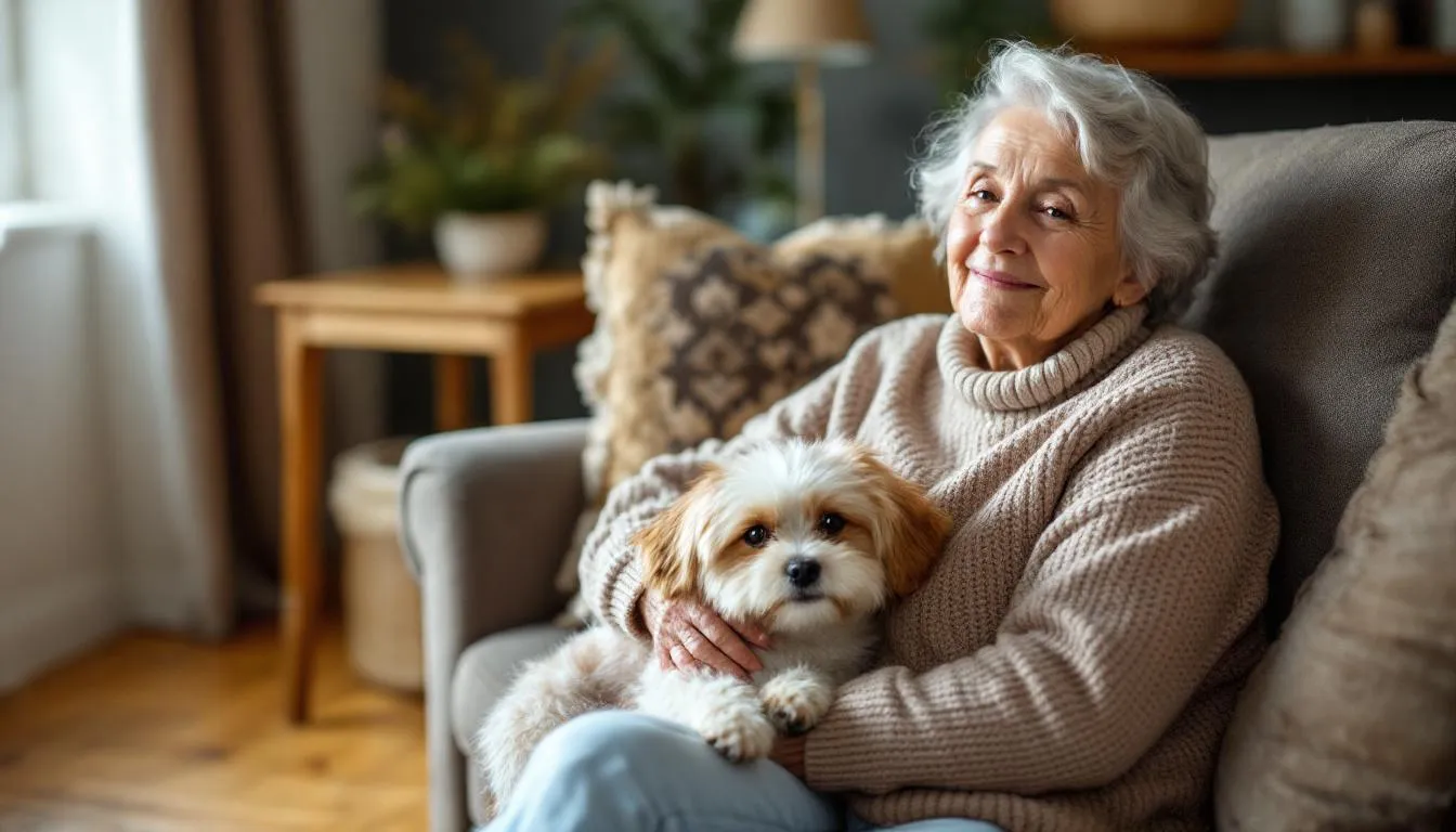 A senior woman is comfortably seated on a couch, with a small, friendly dog, possibly a Cavalier King Charles Spaniel or Shih Tzu, resting on her lap. This heartwarming scene highlights the affectionate nature of small dog breeds, making them great companions for older adults in a senior living community.