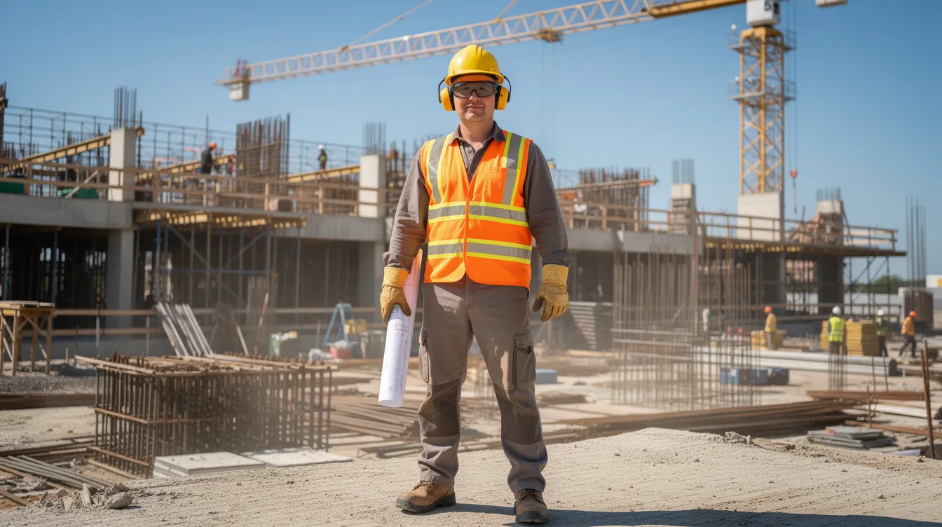 A construction worker is seen on a job site, wearing safety equipment such as a hard hat, gloves, and reflective vest, emphasizing the importance of safety in the construction industry. This image highlights the role of licensed contractors who adhere to contractor license requirements and ensure compliance with building permits and workers compensation insurance.