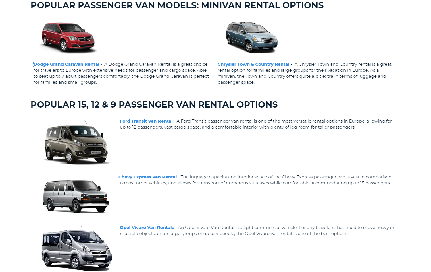 Auto Europe website minivans