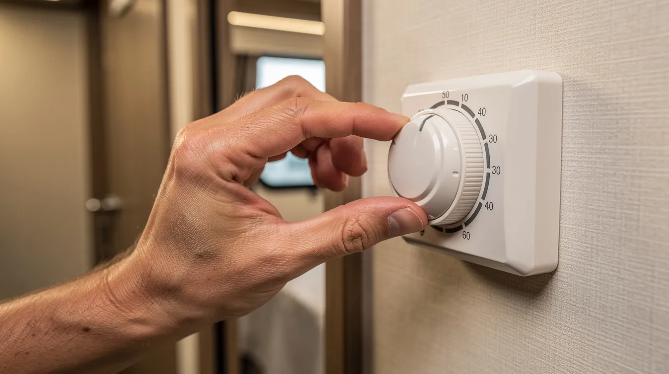 A close-up image shows a hand adjusting a small wall-mounted analog thermostat dial inside a recreational vehicle, highlighting the importance of precise temperature control for efficient heating and cooling systems. This thermostat allows RV users to set their desired temperature for a comfortable climate while traveling.