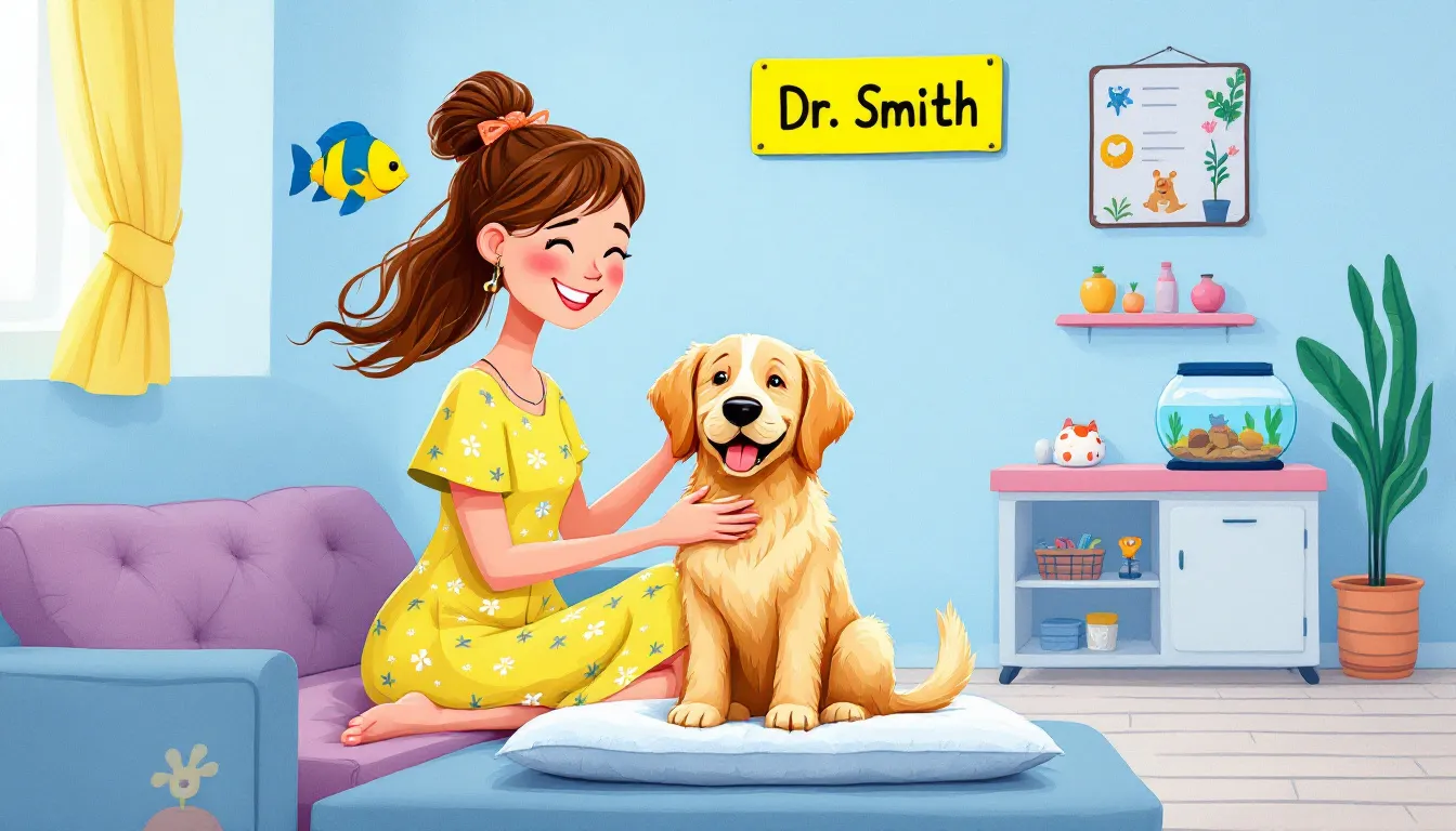 A pet owner gently handling their dog to prepare for vet visits, aiming to reduce stress and anxiety.