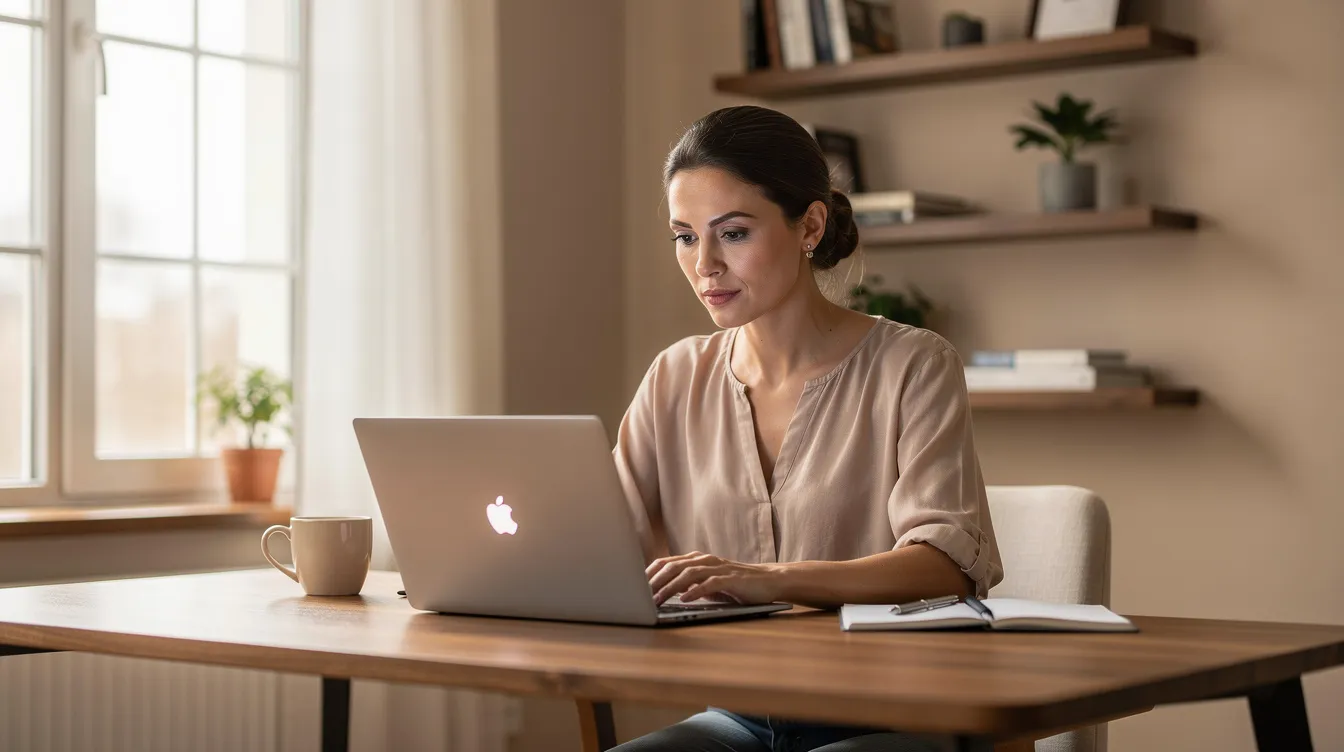 A focused woman works diligently at her laptop in a cozy home office, embodying the spirit of strong women who strive to achieve their dreams and change the world. Her determination and concentration reflect the power of women's voices in creating a better future.